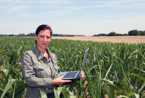 زن کشاورزی که با اینترنت اشیا به محصولات خود می رسد.